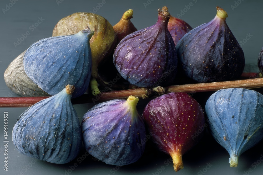 Fototapeta premium Fresh figs arranged creatively on a dark background showcasing their variety and vibrant colors in natural light