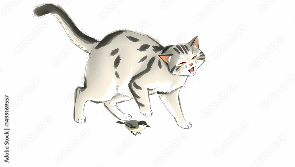 Obraz premium Curious cat gently interacts with bird in soft East Asian ink painting style. 