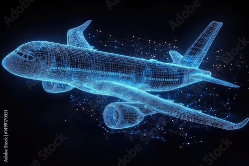 Glowing blue wireframe airplane with networking nodes on a dark background. It represents technology, engineering, design, or even the future of air travel.