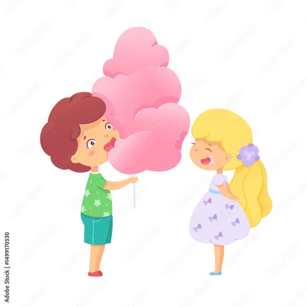 Brightly colored cotton candy brings delight as a boy offers a fluffy treat to a girl. Their faces light up with joy, capturing a carefree moment during a vibrant summer fair. Brightly colored cotton candy brings delight as a boy offers a fluffy treat to a girl. Their faces light up with joy, capturing a carefree moment during a vibrant summer fair.