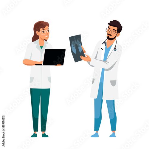 Two doctors in medical coats analyzing X-ray and working on laptop. Healthcare professionals discussing patient diagnosis. Medical consultation, hospital staff, clinical research. Vector illustration.