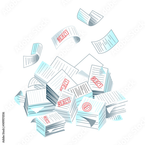 Bureaucracy concept. Paper documents, paperwork background. Administrative overload. Large pile of paperwork with stamps like accept, reject, approve, consider. Flat vector illustration.