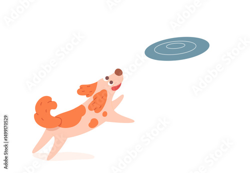 Dog playing with flying plate. Happy cute ginger puppy jumping to catch flying disc on white background. Fun pet activity. Playful animal. Cartoon vector illustration.