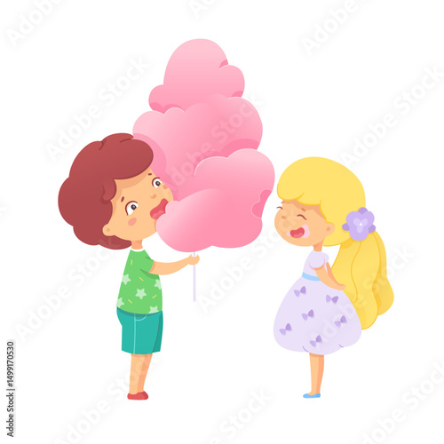Brightly colored cotton candy brings delight as a boy offers a fluffy treat to a girl. Their faces light up with joy, capturing a carefree moment during a vibrant summer fair.