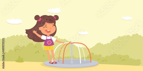 Girl playing in park. Kids at playground. Outdoor summer activities in backyard. Cartoon vector illustration.