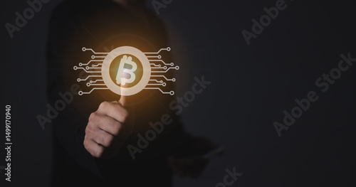 Young man with smartphone hand touching to trade cryptocurrencies online, Investors in cryptocurrencies and bitcoin coins online