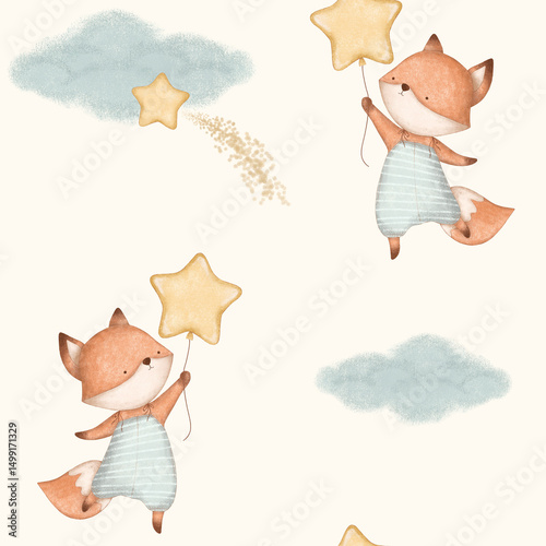 Bild auf Leinwand Baby fox with a star balloon