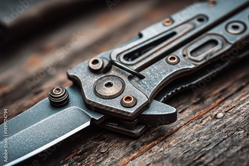 Wallpaper Mural Close-up view of a tactical folding knife resting on weathered wooden surface with intricate details and textures visible Torontodigital.ca