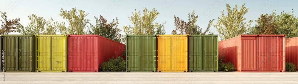 Fototapeta premium Brightly painted shipping containers lined up in a row.