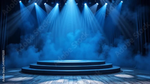 Wallpaper Mural Blue spotlight on empty stage with smoke, ideal for theater, show intro, product presentation or dramatic studio background scene. Torontodigital.ca