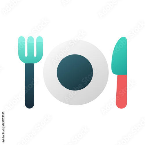 Vector image showing a plate with a fork and knife, representing meals, dining, restaurant, or food service.
