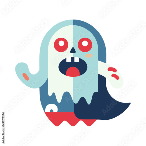 Funny and spooky flat vector of a ghost with red eyes and playful expression, great for Halloween or horror themes.

