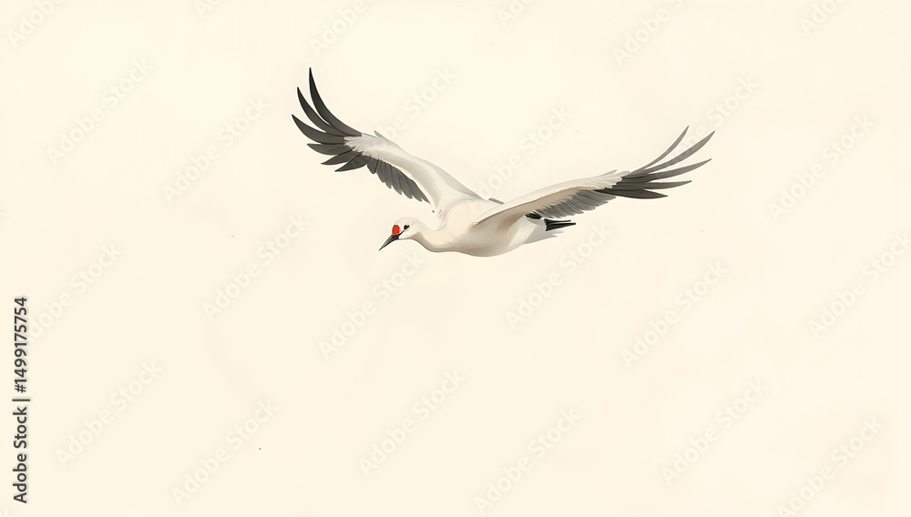 Obraz premium Graceful crane in flight with fluid brushstrokes and tranquil composition. 