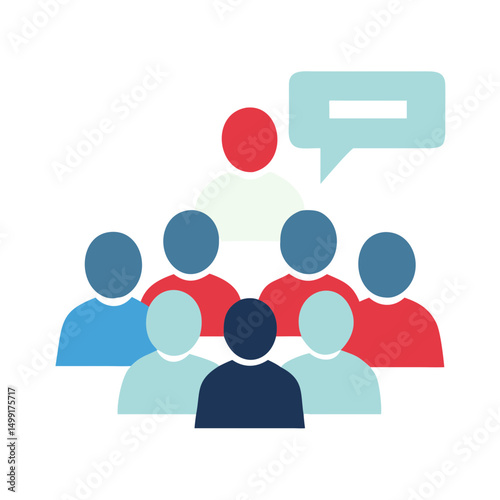 Flat illustration of a group audience with a speaker, symbolizing communication, leadership, or community interaction.
