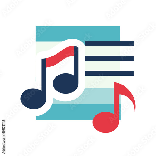 Flat graphic of musical notes on striped sheet, ideal for representing sound, songs, or music composition.
