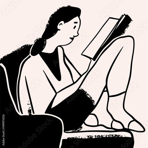Young woman sitting on armchair and reading a book. Comfortable pose. Relax, stay home, education, coziness, rest, hobby, lazy time concept. Hand drawn Vector illustration. Isolated design element