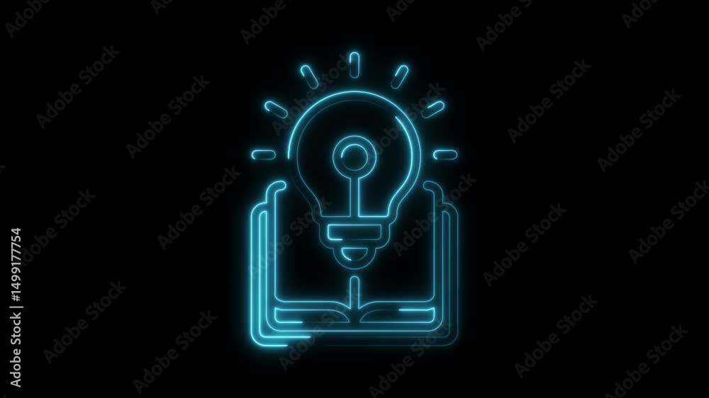 Glowing neon book and lightbulb animation representing ideas and knowledge discovery on black background Glowing neon book and lightbulb animation representing ideas and knowledge discovery on black background