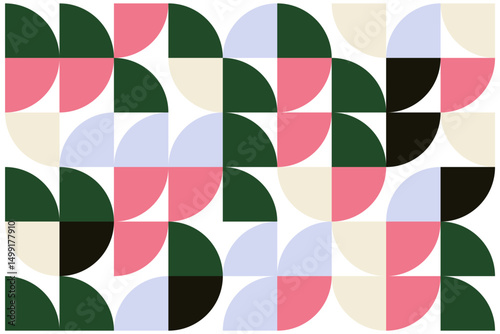 Seamless geometric pattern with colorful semicircles and quarter circles in pink, green, cream, black, and light blue on white.