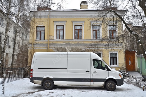 Old, light yellow house with a white van parked in front of it on a snowy day.  Winter scene in a city street