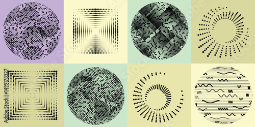 Halftone dots in Circle Form .Rotate rounded shape Vector Illustration .Rotating dots form a circle .Rotating design element . Various lines forming round shape . Abstract Geometric line art .

