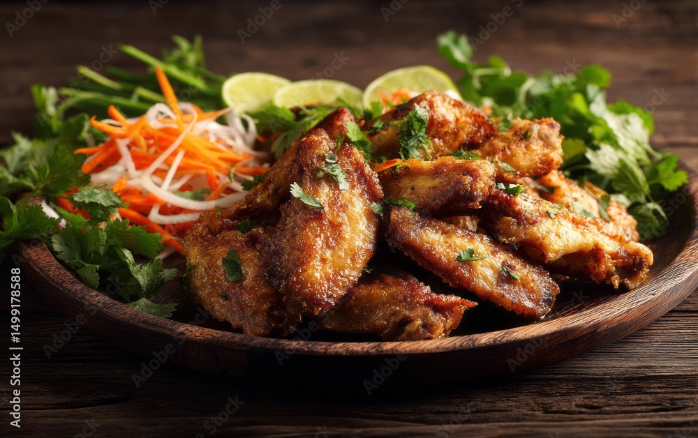 Fototapeta premium Crispy fried chicken wings served with a fresh vegetable salad.