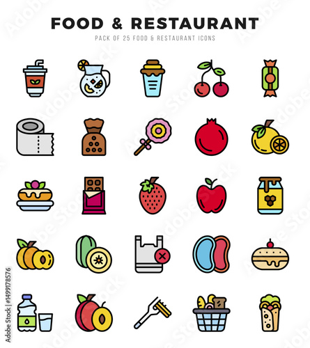 Food and Restaurant icons Pack. Lineal Color icons set. Food and Restaurant collection set.