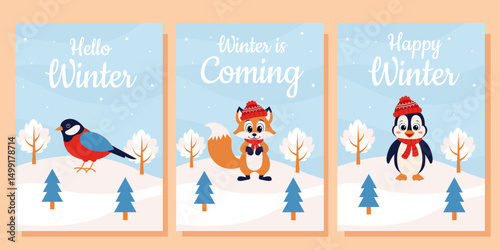 Christmas posters set. Winter landscape with bullfinch, fox, penguin. Merry christmas greeting card, party invitation, social media.