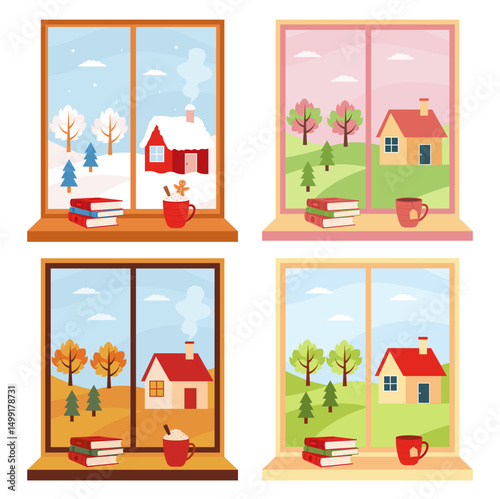Window season set. Four season with landscape and on the sill a book and cup. Window with winter, spring, summer and autumn season.