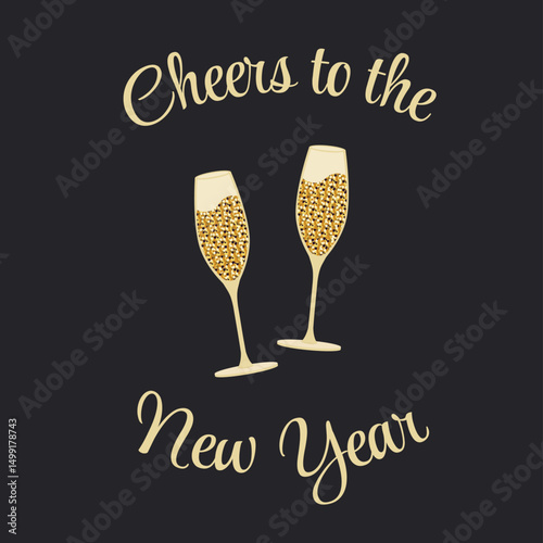 New Year background. Two glasses of champagne with gold glitters. Template for greeting card, party invitation, social media.