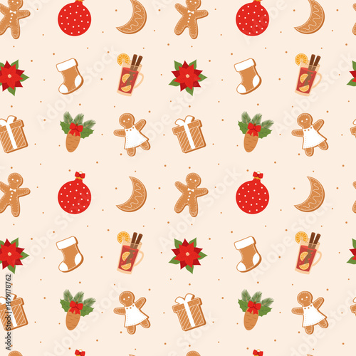 Christmas pattern seamless. Seamless pattern withchristmas tree toys, spruce branch, cones, poinsettia, mulled wine and gingerbreads.