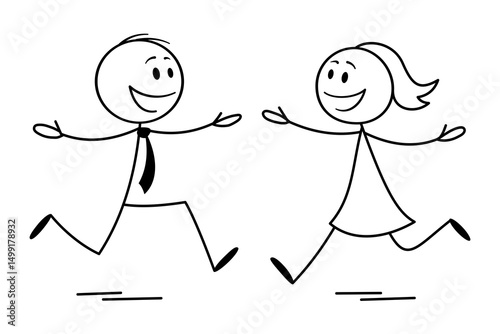 Cartoon stick figures of man and woman running to embrace. Vector illustration of love, reunion and joyful relationship.
