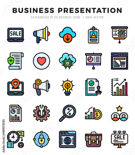 Business Presentation icons Pack. Lineal Color icons set. Business Presentation collection set.