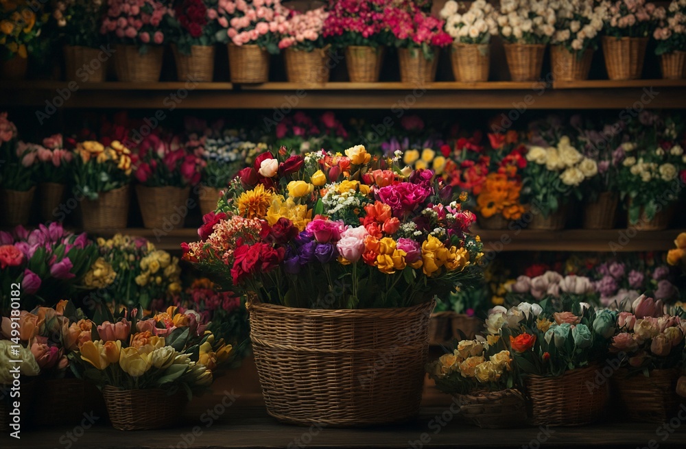 Fototapeta premium Colorful Flowers in Flower Shop Basket.