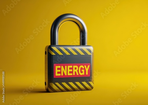 A metallic padlock labeled "ENERGY" with caution stripes, set against a bright yellow background.