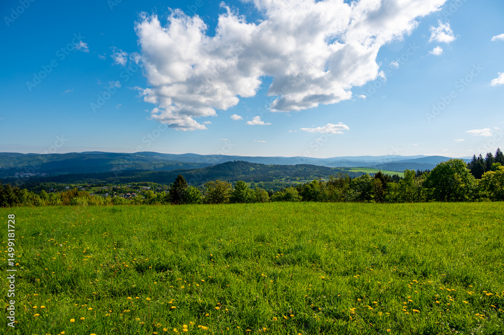 Obraz premium Ridge hiking trail from Javornik to Jested with scenic views into valleys and distant Jizera Mountains. Sunny summer day, peaceful nature and beautiful Czech landscape