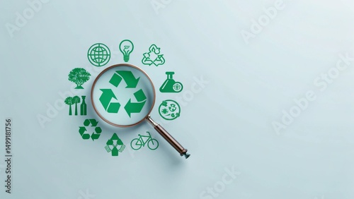 A magnifying glass is focused on a recycling symbol, with other green icons surrounding it