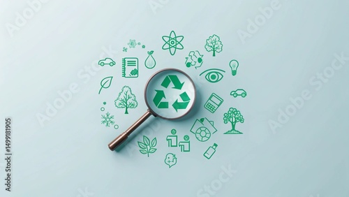 A magnifying glass is focused on a recycling symbol, with other green icons surrounding it