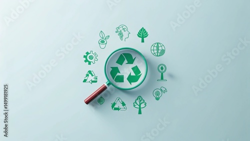 A magnifying glass is focused on a recycling symbol, with other green icons surrounding it