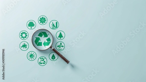 A magnifying glass is focused on a recycling symbol, with other green icons surrounding it