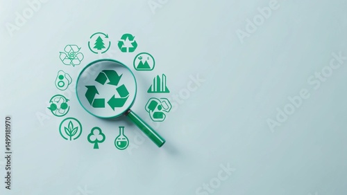 A magnifying glass is focused on a recycling symbol, with other green icons surrounding it