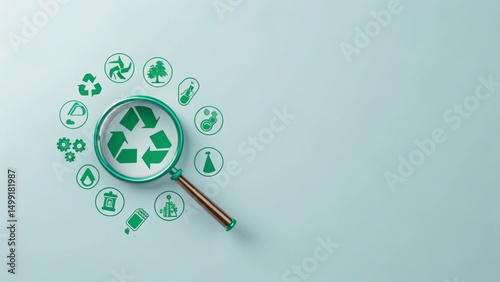 A magnifying glass is focused on a recycling symbol, with other green icons surrounding it