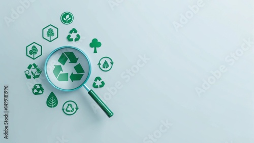 A magnifying glass is focused on a recycling symbol, with other green icons surrounding it