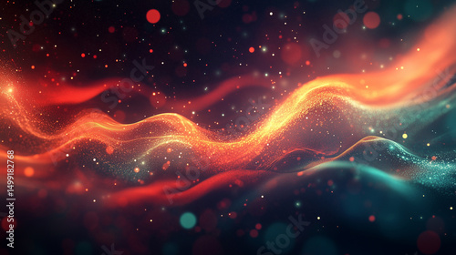 An abstract composition with wavy streams of light in warm shades of red and gold, creating the effect of movement and depth against the backdrop of a starry sky..