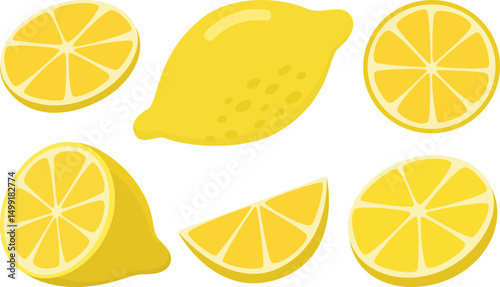 Lemon slices set isolated on white background. Illustration with bright citrus fruits