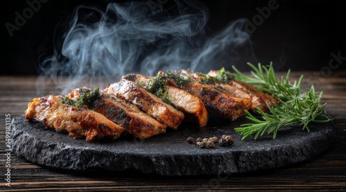 Sliced grilled meat with he...