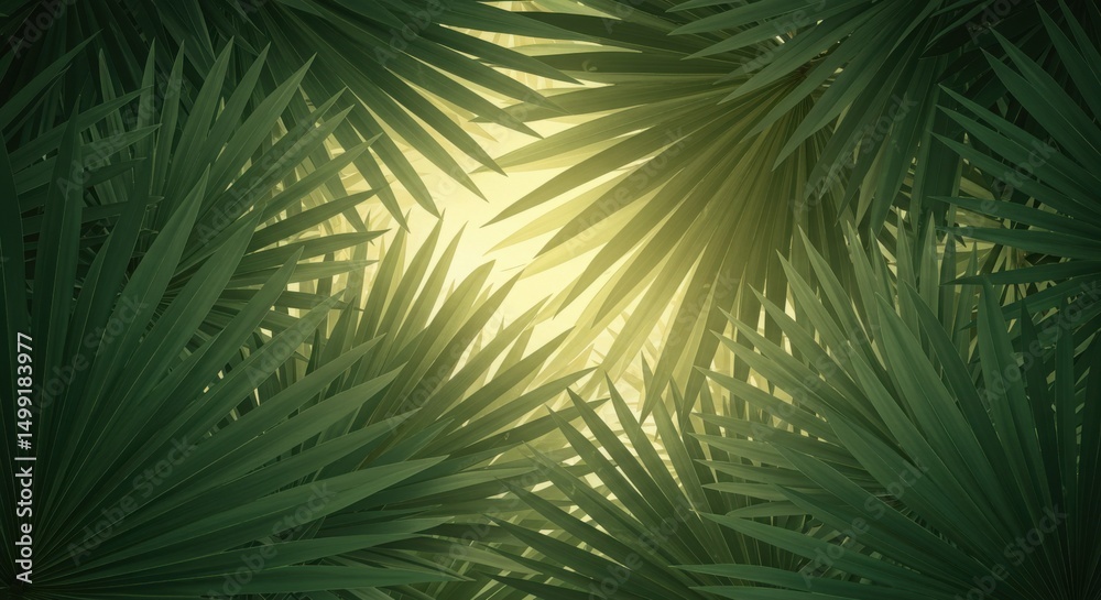 Obraz premium A tropical leaf background with abstract palm fronds in muted jade and olive green layered with soft shadows and warm sunlight filtering through