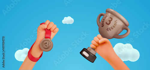 Winner Hands Holding Bronze Trophy and Medal on Blue Sky Background, Celebrating Third Place Victory and Achievement. 3D Cartoon Style. Vector Illustration