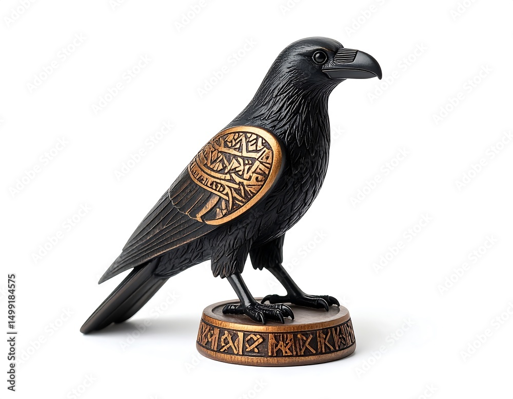 Fototapeta premium Black Bird Statue with Gold Accents and Intricate Design on White Background
