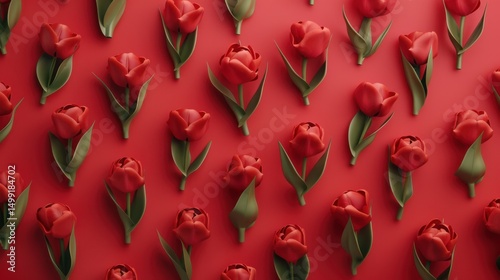 Bright red tulips arranged in rows on a clean, soft crimson table, featuring open space ideal for creative additions.