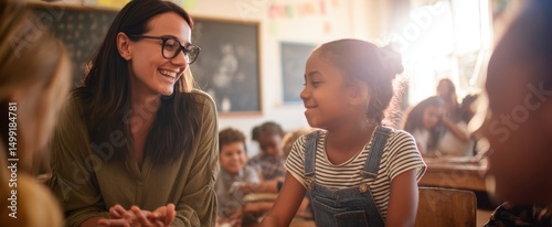 The joyful interaction between a teacher and a student in a vibrant classroom. photo
